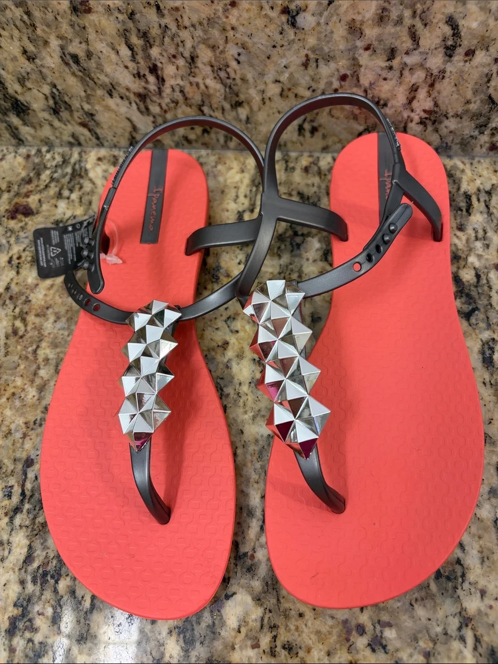Ipanema Women’s Coral-Red Sandals with Silver Pyramid Studs size 7 , NWT
